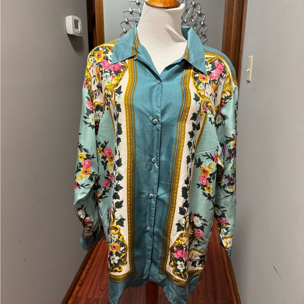 Elegant Vintage Floral Silk Blouse - Teal & Multicolor size L - Picture 2 of 13